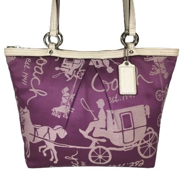 Coach Purple & White Satin Leather Coach Signature Carriage Tote F14482 Purse - Picture 1 of 16